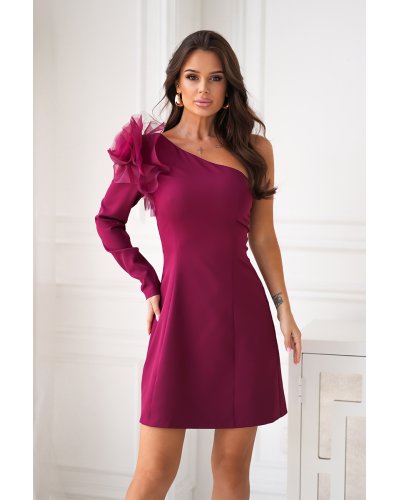 Rochii cu maneca lunga, Rochie eleganta scurta  burgundy cu maneca lunga umar gol si trandafir decorativ Hyami - jojofashion.ro
