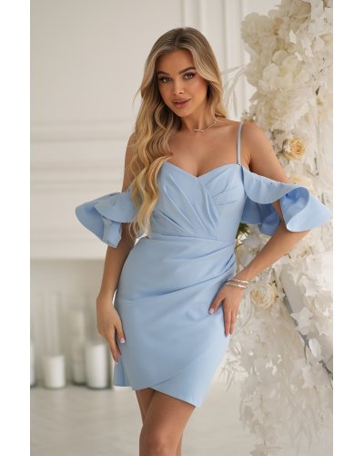 Rochii cununie civila, Rochie eleganta scurta mulata baby blue cu umeri goi Ariana - jojofashion.ro