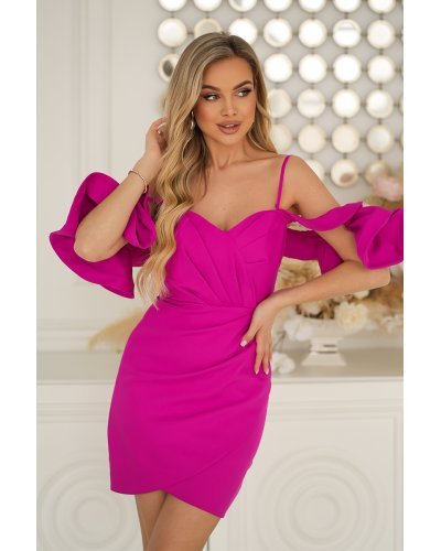 Rochii banchet, Rochie eleganta scurta roz fucsia mulata cu umeri goi Ariana - jojofashion.ro