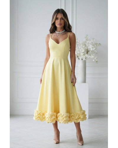 Rochie galbena eleganta midi cu volan tridimensional Jasmina - jojofashion.ro