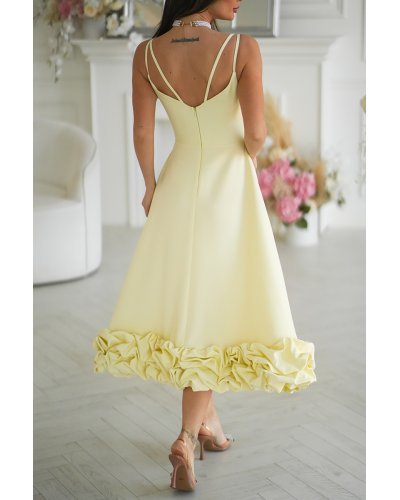 Rochii galbene, Rochie galbena eleganta midi cu volan tridimensional Jasmina - jojofashion.ro