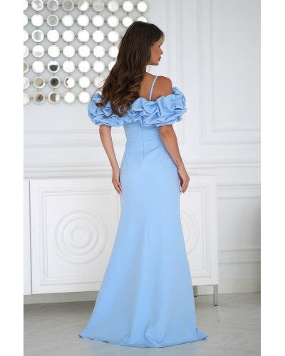 Rochie lunga baby blue cu umerii goi si maneca 3D in stil spaniol Senorita - jojofashion.ro