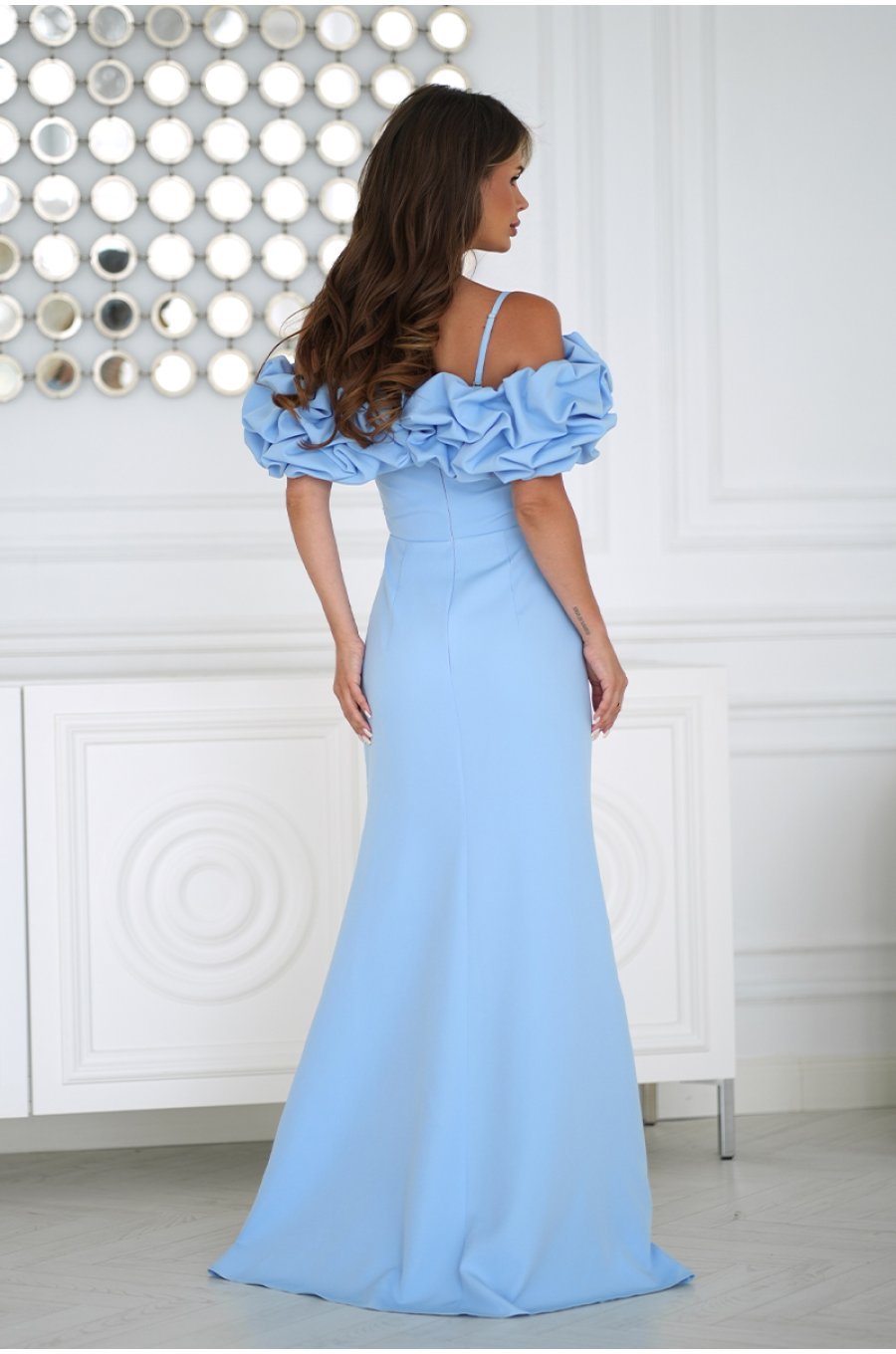 Rochie lunga baby blue cu umerii goi si maneca 3D in stil spaniol Senorita 2 - jojofashion.ro