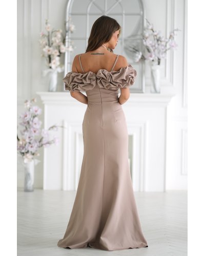 Rochie lunga cappuccino cu umerii goi si maneca 3D in stil spaniol Senorita - jojofashion.ro