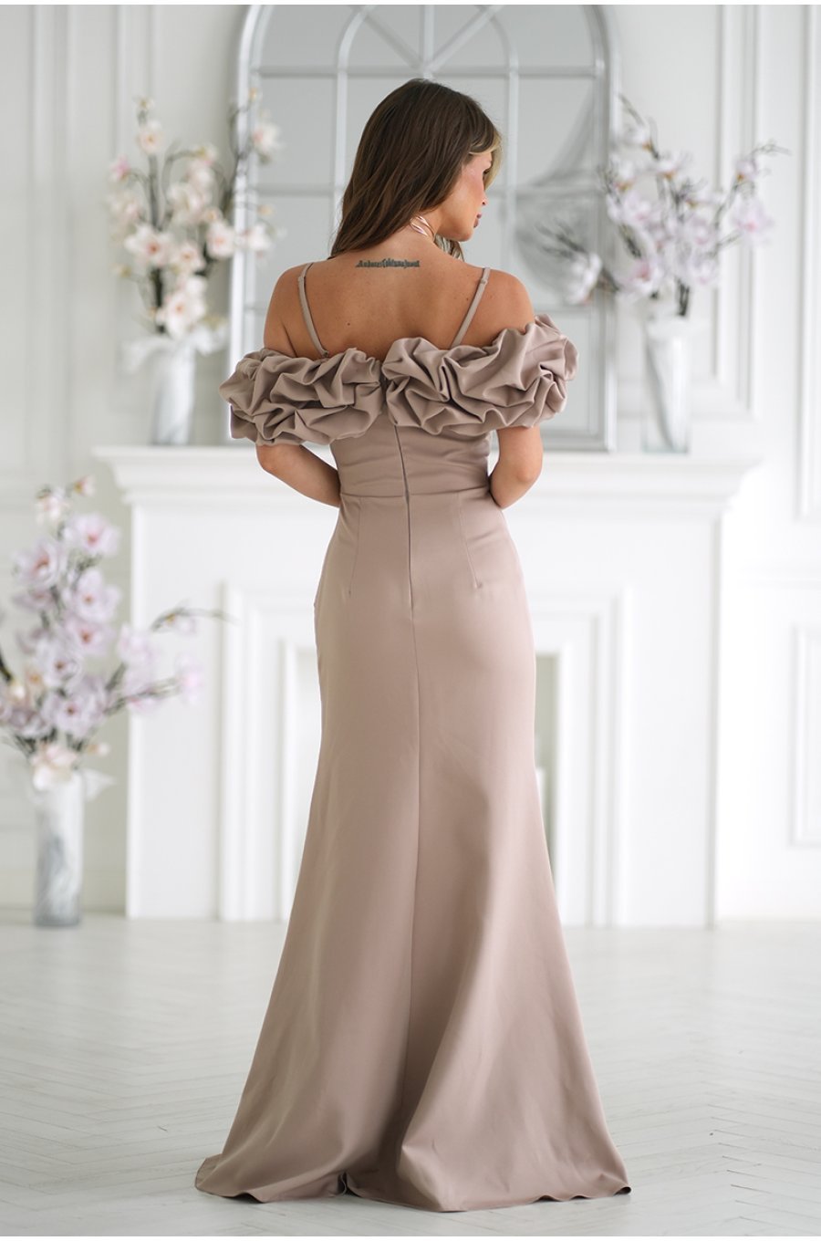 Rochie lunga cappuccino cu umerii goi si maneca 3D in stil spaniol Senorita 2 - jojofashion.ro