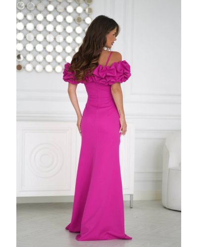 Rochii de nunta lungi, Rochie lunga fucsia cu umerii goi si maneca 3D in stil spaniol Senorita - jojofashion.ro