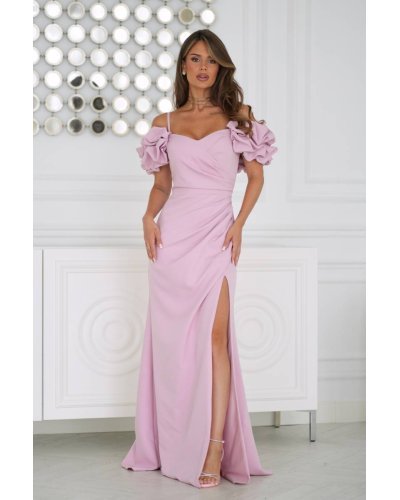 Rochii de nunta lungi, Rochie lunga roz pudra cu umerii goi si maneca 3D in stil spaniol Senorita - jojofashion.ro