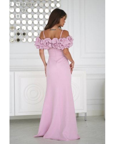 Rochii de nunta lungi, Rochie lunga roz pudra cu umerii goi si maneca 3D in stil spaniol Senorita - jojofashion.ro