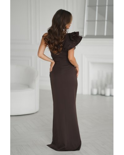 Rochii, Rochie maro ciocolata mulata cu umar gol si pene pe volan Reyna - jojofashion.ro