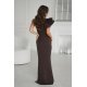 Rochie maro ciocolata mulata cu umar gol si pene pe volan Reyna 3 - jojofashion.ro