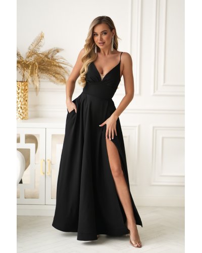 Rochie neagra eleganta lunga cu bust tip corset vaporoasa Jasmine - jojofashion.ro