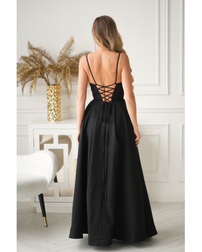 Rochie neagra eleganta lunga cu bust tip corset vaporoasa Jasmine - jojofashion.ro