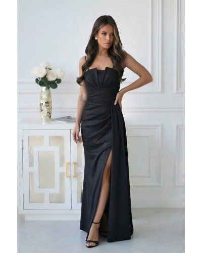 Rochii mulate, Rochie neagra eleganta lunga cu glitter mulata cu umeri goi Luxurious - jojofashion.ro