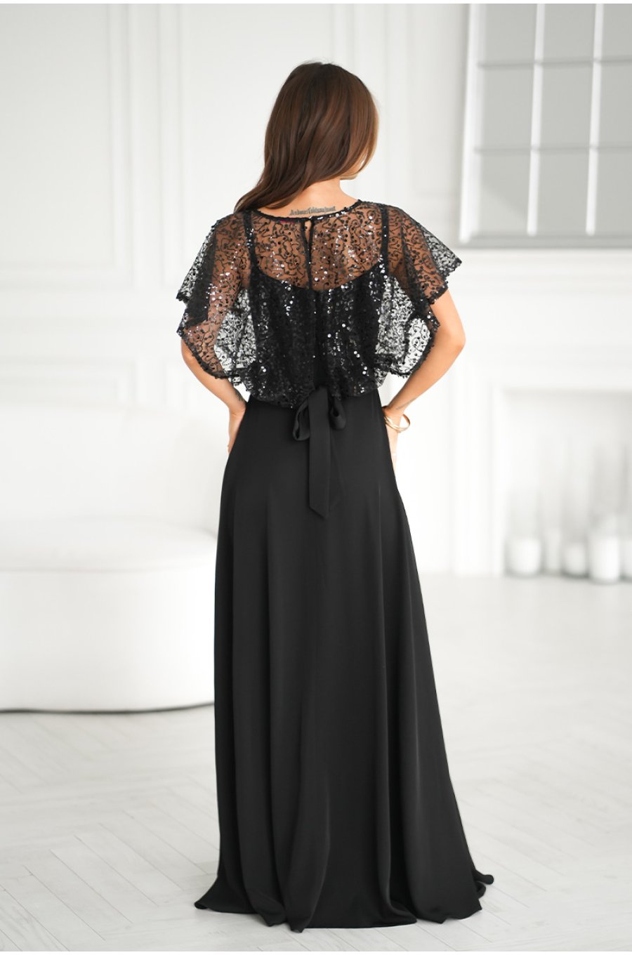 Rochie neagra eleganta lunga cu paiete pe bust vaporoasa Azaliya 2 - jojofashion.ro