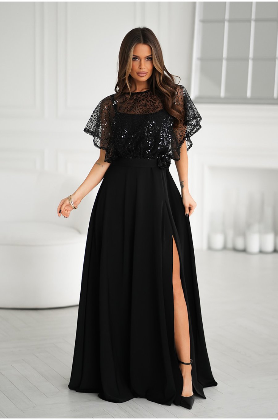 Rochie neagra eleganta lunga cu paiete pe bust vaporoasa Azaliya 3 - jojofashion.ro