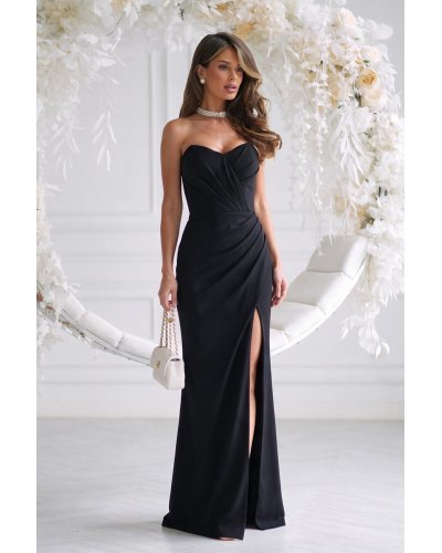 Rochii cu umerii goi, Rochie neagra lunga cu umeri goi si bust tip corset Heart - jojofashion.ro
