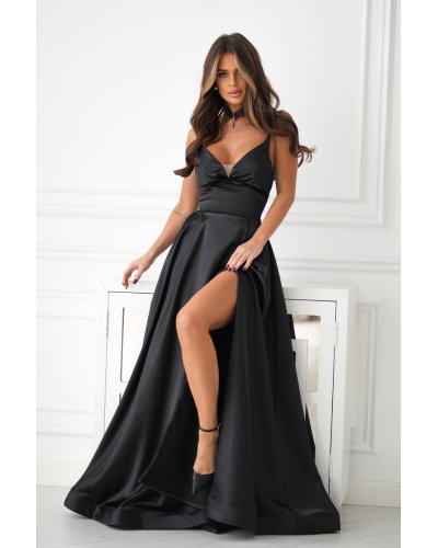 Rochii marimi mari, Rochie neagra lunga din satin cu bust tip corset vaporoasa Saphira - jojofashion.ro