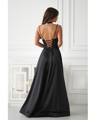 Rochii de nunta, Rochie neagra lunga din satin cu bust tip corset vaporoasa Saphira - jojofashion.ro