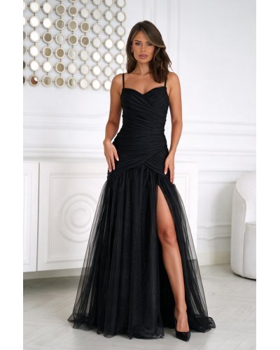 Rochii tulle, Rochie neagra lunga din tulle si brocard cu corset si umeri goi vaporoasa Desiree - jojofashion.ro