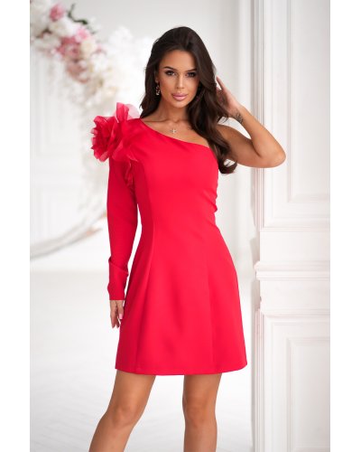 Rochii de Ocazie Elegante, Rochie roșie scurta cu maneca lunga umar gol si trandafir decorativ Hyami - jojofashion.ro