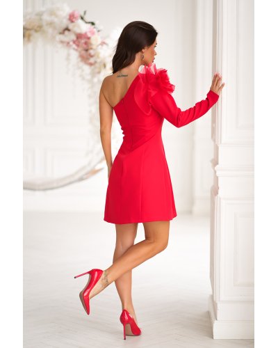 Rochii de Ocazie Elegante, Rochie roșie scurta cu maneca lunga umar gol si trandafir decorativ Hyami - jojofashion.ro