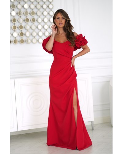 Rochii lungi, Rochie rosie lunga cu umerii goi si maneca 3D in stil spaniol Senorita - jojofashion.ro
