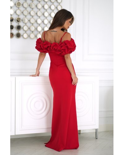 Rochii lungi, Rochie rosie lunga cu umerii goi si maneca 3D in stil spaniol Senorita - jojofashion.ro