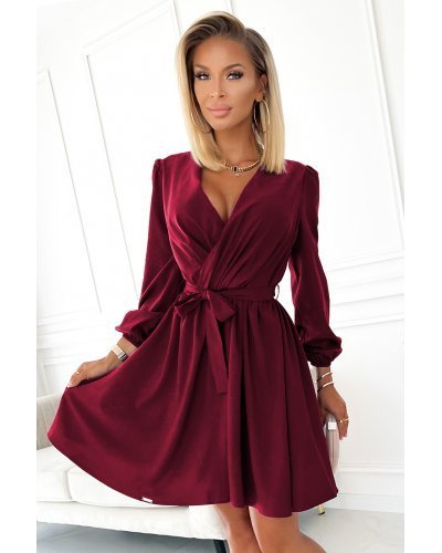 Rochie scurta, burgundy, cu maneca lunga, petrecuta, vaporoasa, Aurora Rochii burgundy, Rochie scurta, burgundy, cu maneca lunga, petrecuta, vaporoasa, Aurora - jojofashion.ro