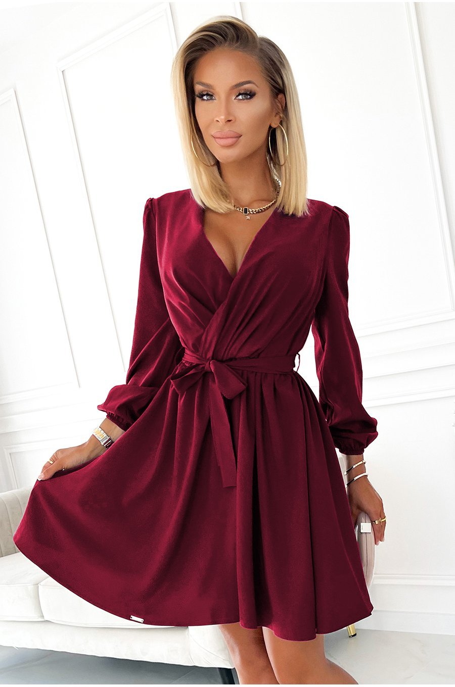 Rochie casual scurta, burgundy, cu maneca lunga, petrecuta, vaporoasa, Aurora 1 - jojofashion.ro