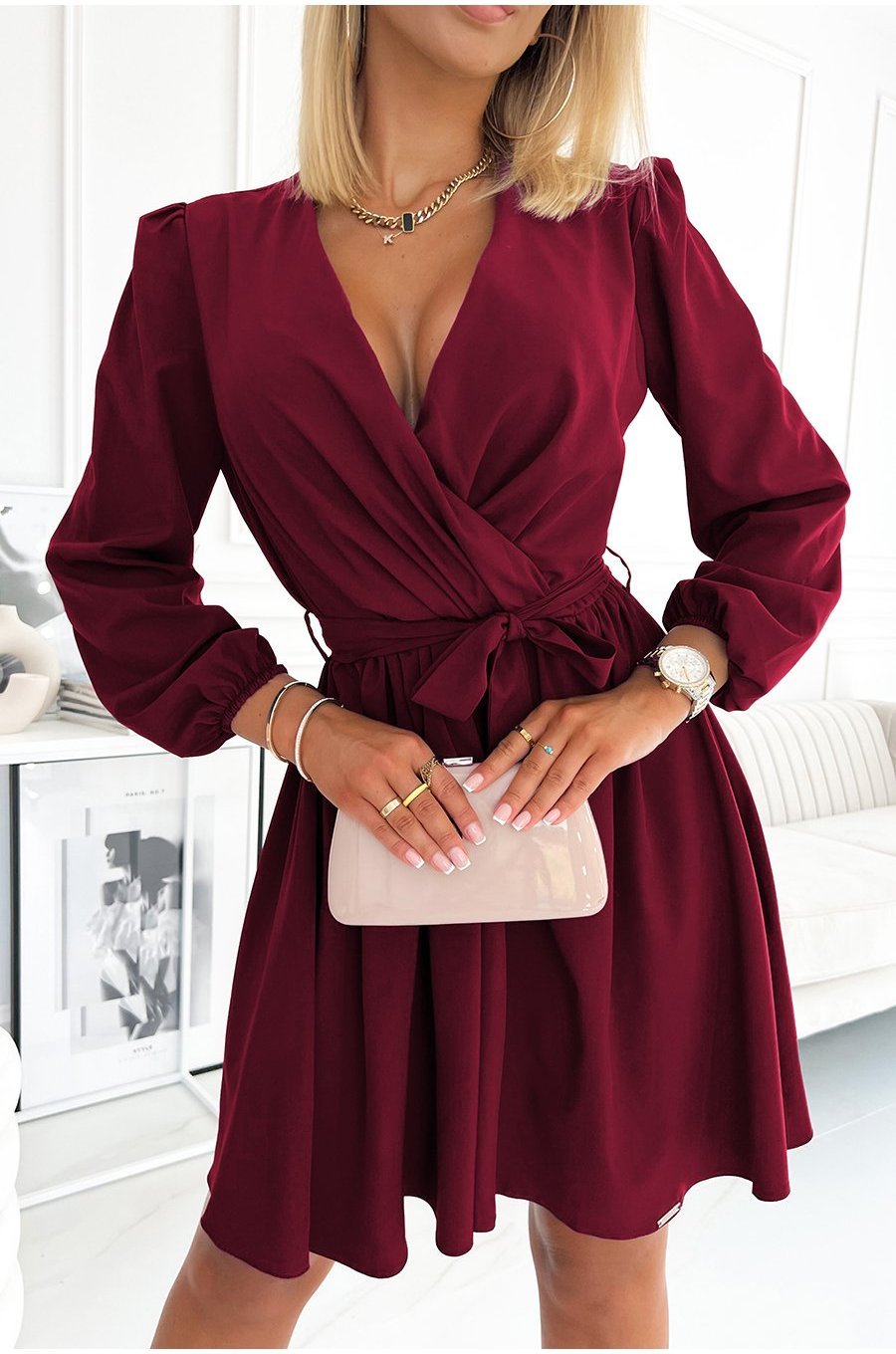 Rochie casual scurta, burgundy, cu maneca lunga, petrecuta, vaporoasa, Aurora 5 - jojofashion.ro