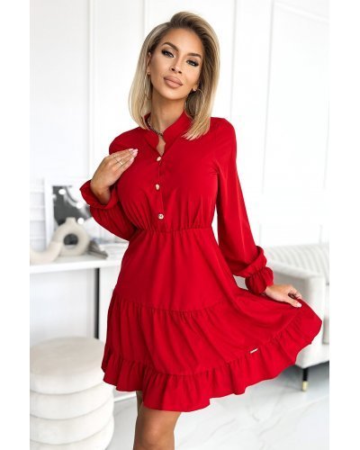 Rochie scurta rosie tip camasa cu maneca lunga si volane Medeia Rochii scurte, Rochie scurta rosie tip camasa cu maneca lunga si volane Medeia - jojofashion.ro