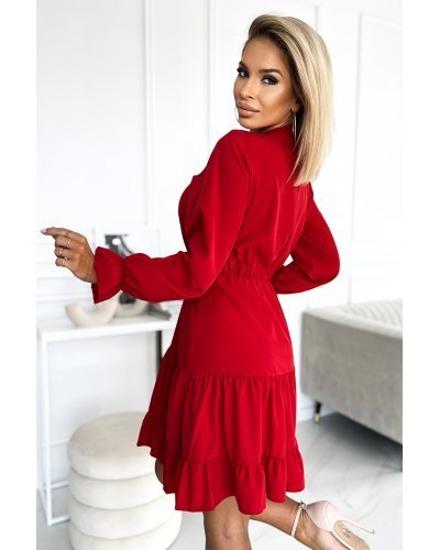 Rochie scurta rosie tip camasa cu maneca lunga si volane Medeia Rochii scurte, Rochie scurta rosie tip camasa cu maneca lunga si volane Medeia - jojofashion.ro