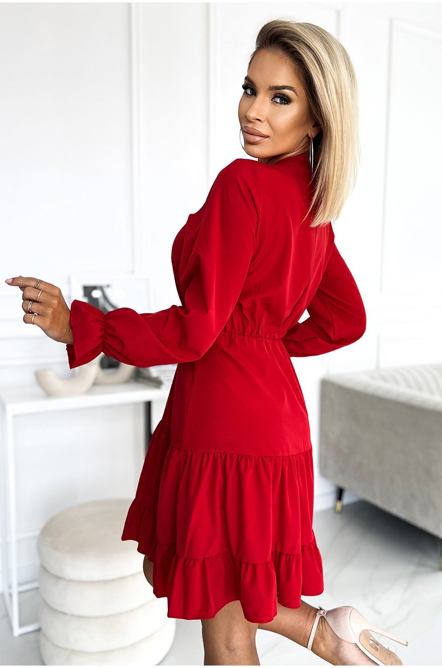 Rochie scurta rosie tip camasa cu maneca lunga si volane Medeia 2 - jojofashion.ro