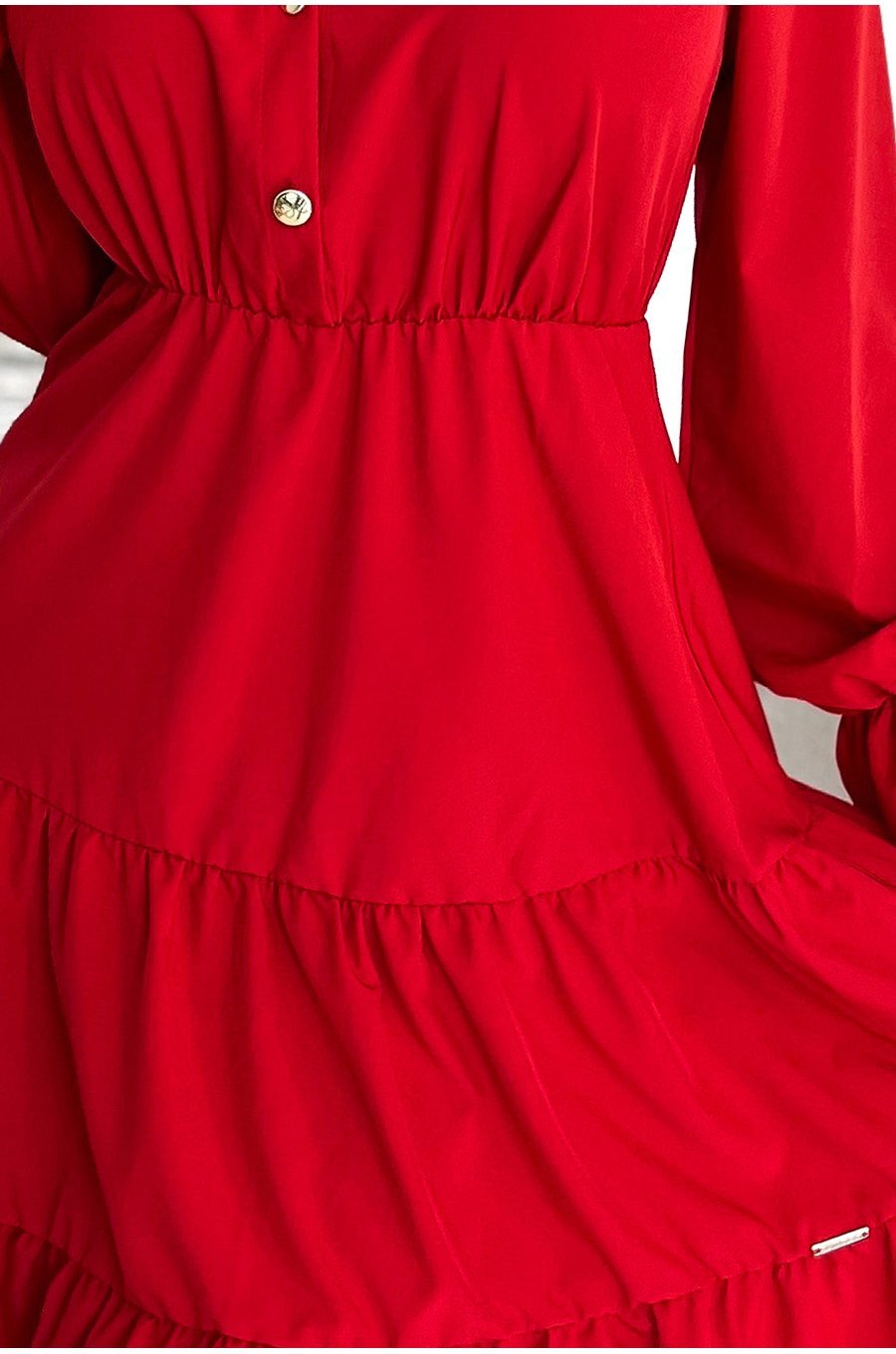 Rochie scurta rosie tip camasa cu maneca lunga si volane Medeia 4 - jojofashion.ro