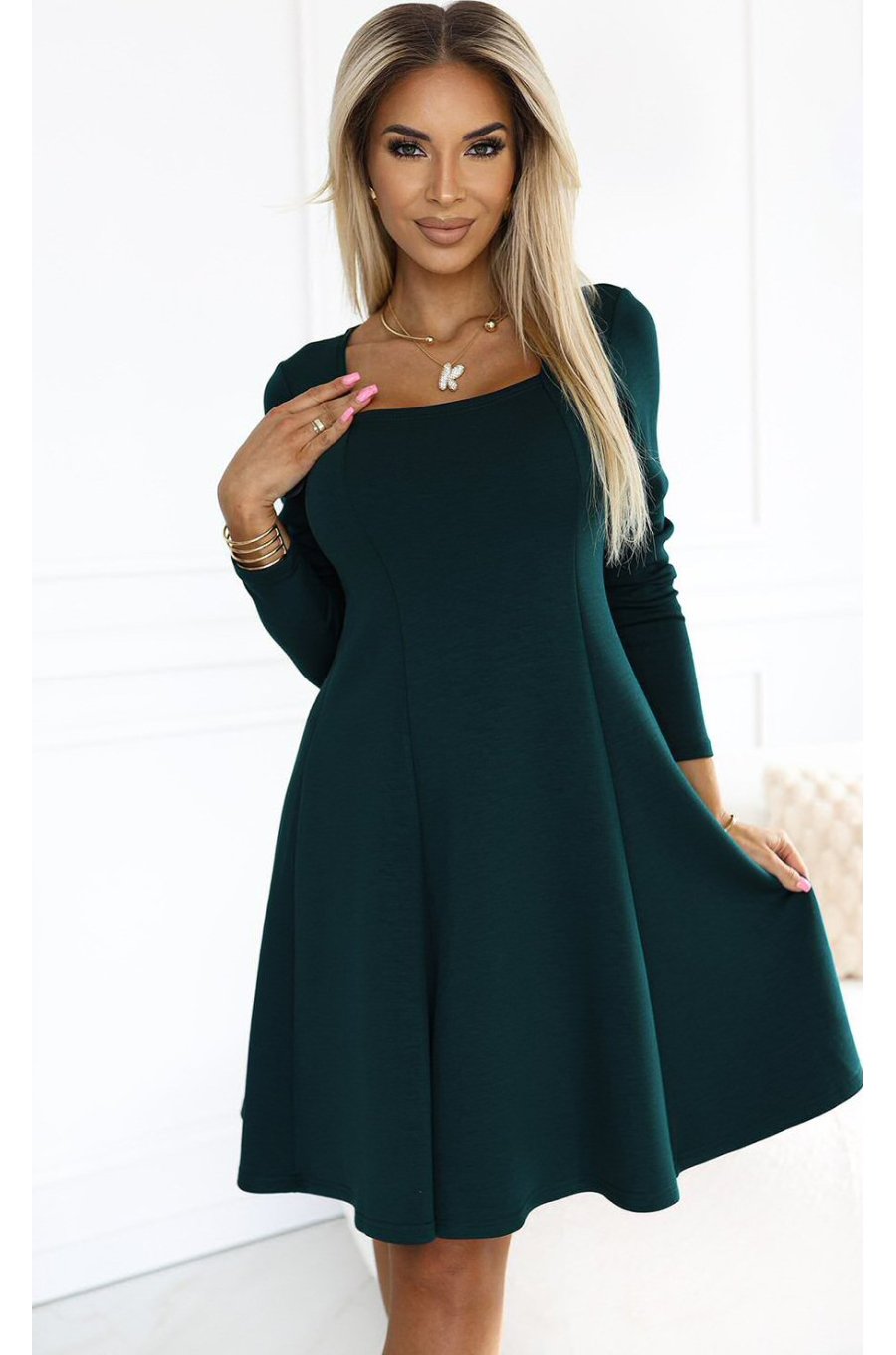 Rochie midi verde croi A cu maneca lunga Yvanna 1 - jojofashion.ro