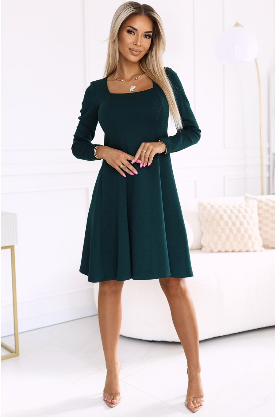 Rochie midi verde croi A cu maneca lunga Yvanna 3 - jojofashion.ro