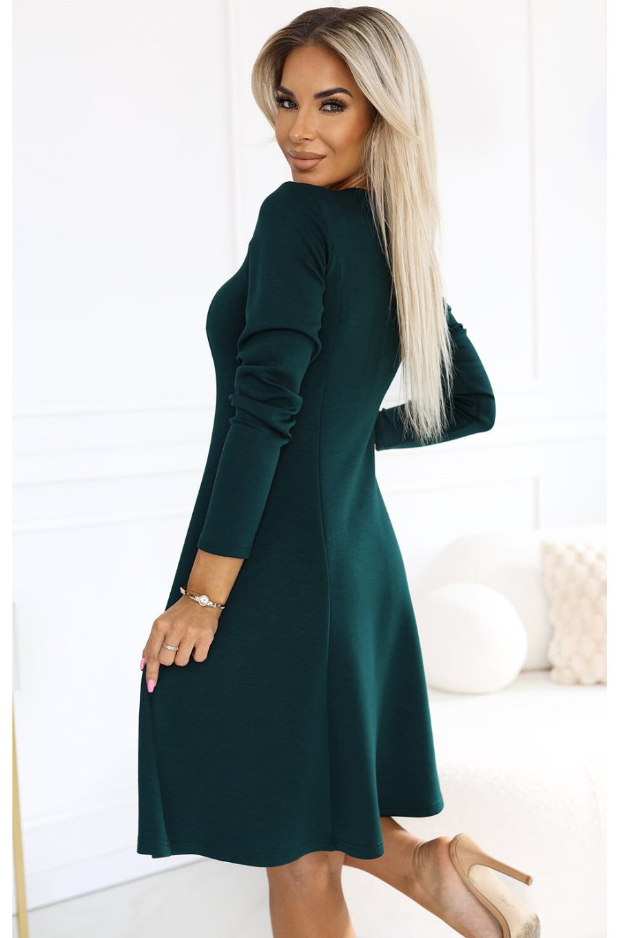 Rochie midi verde croi A cu maneca lunga Yvanna 2 - jojofashion.ro