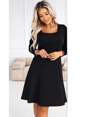 Rochii de zi, Rochie neagra midi evazata cu maneca lunga Yvanna - jojofashion.ro