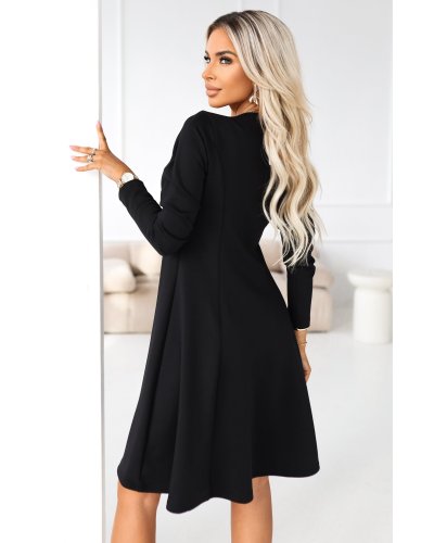 Rochii de zi, Rochie neagra midi evazata cu maneca lunga Yvanna - jojofashion.ro