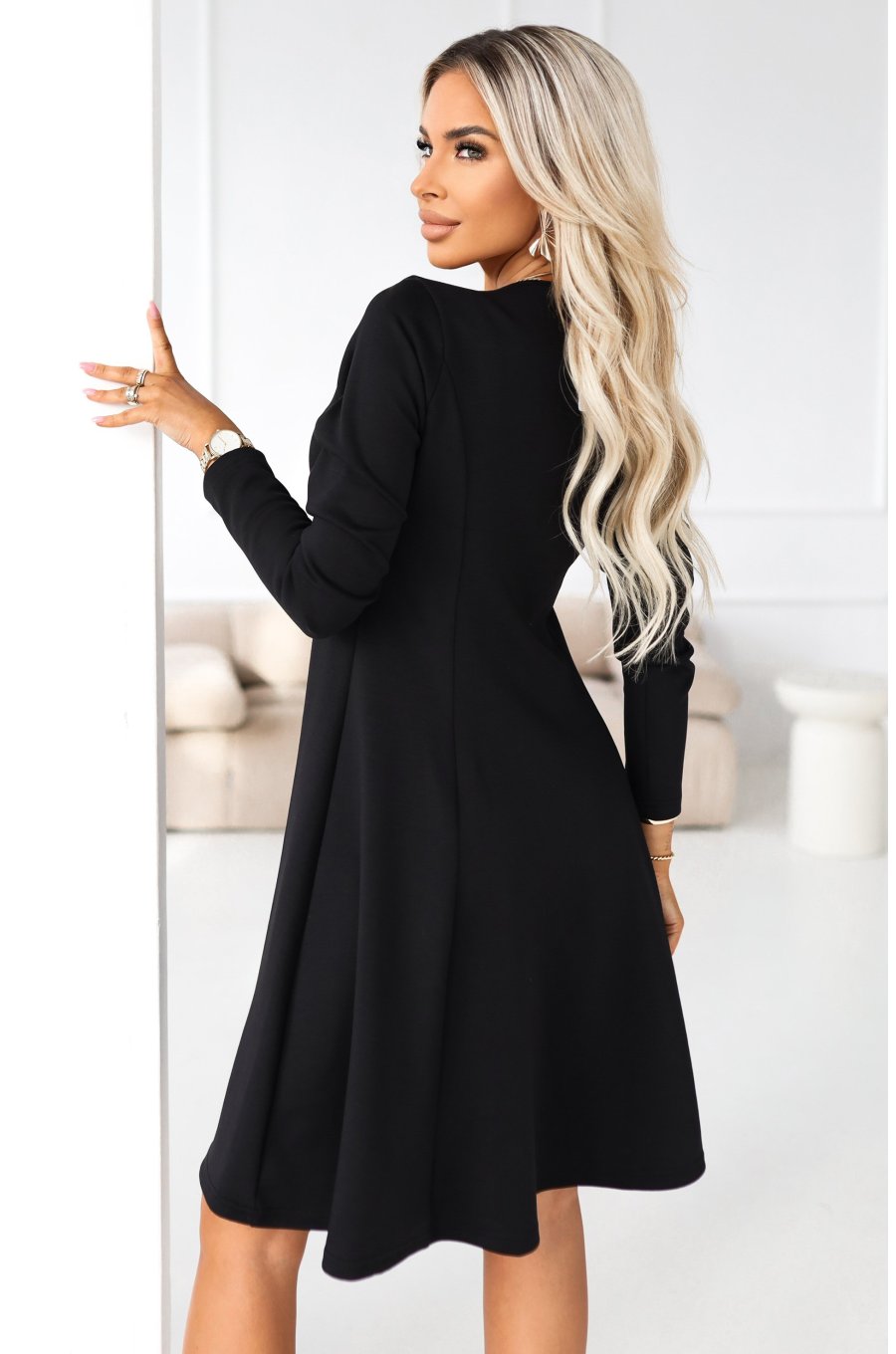 Rochie neagra midi evazata cu maneca lunga Yvanna 2 - jojofashion.ro
