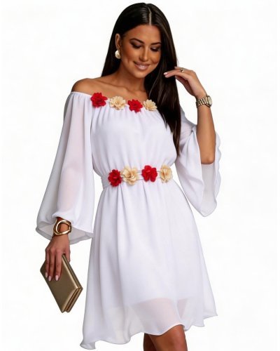 Rochie cununie civila, scurta, din voal, alba, cu maneca lunga, Raisa - jojofashion.ro