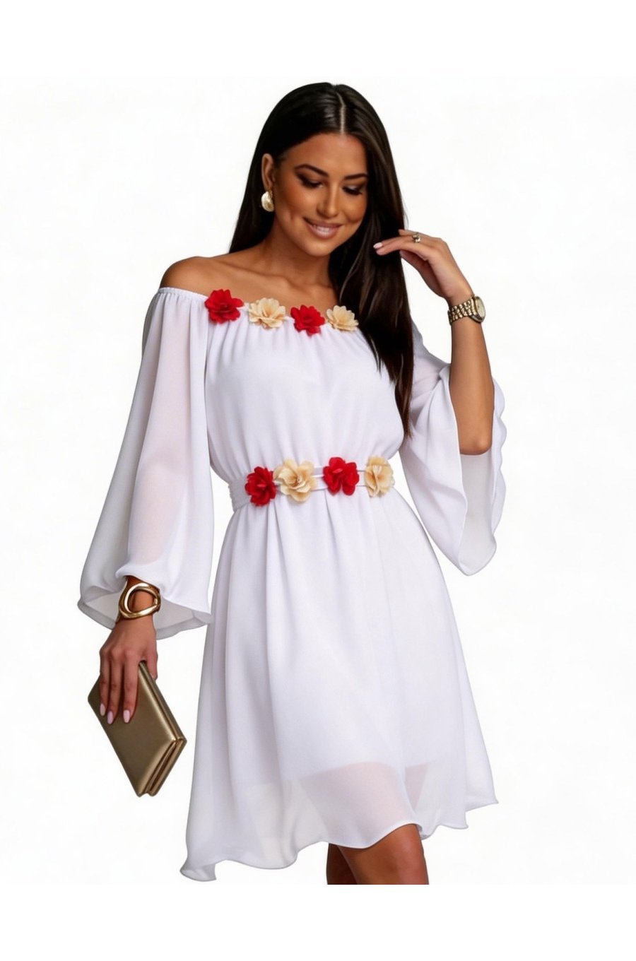 Rochie cununie civila, scurta, din voal, alba, cu maneca lunga, Raisa 1 - jojofashion.ro