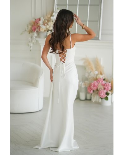 Rochii cununie civila, Rochie cununie civila alba lunga cu glitter mulata cu umeri goi Luxurious - jojofashion.ro
