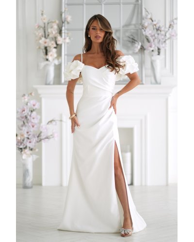 Rochii albe, Rochie cununie civila alba lunga cu maneca 3D in stil spaniol Senorita - jojofashion.ro