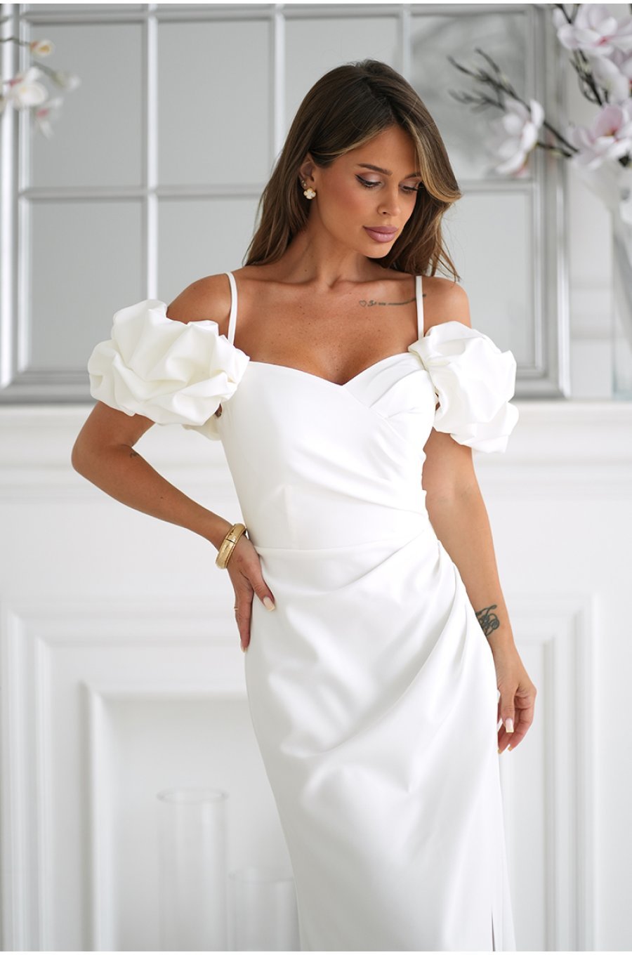 Rochie cununie civila alba lunga cu maneca 3D in stil spaniol Senorita 3 - jojofashion.ro