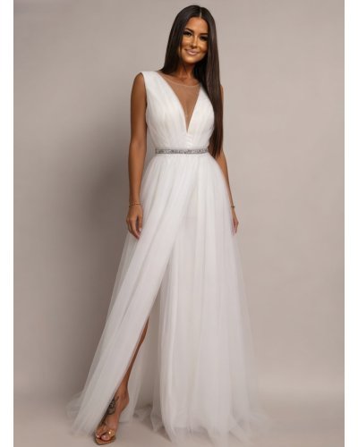 Rochie cununie civila alba lunga din tulle Adele1  - jojofashion.ro