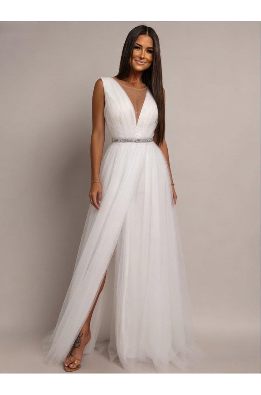 Rochie cununie civila alba lunga din tulle Adele1  1 - jojofashion.ro