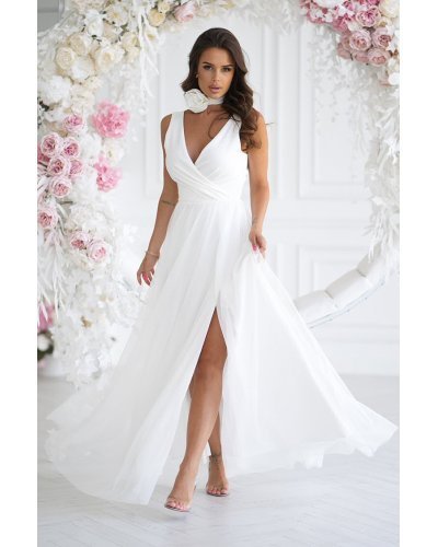 Rochie cununie civila alba, lunga, din tulle, cu floare decorativa, vaporoasa, Dyandra Rochii, Rochie cununie civila alba, lunga, din tulle, cu floare decorativa, vaporoasa, Dyandra - jojofashion.ro
