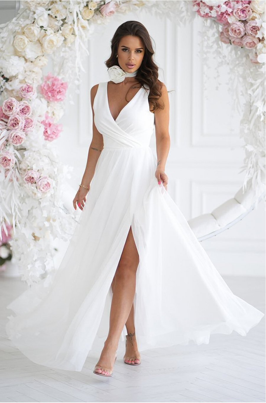 Rochie cununie civila alba, lunga, din tulle, cu floare decorativa, vaporoasa, Dyandra 1 - jojofashion.ro