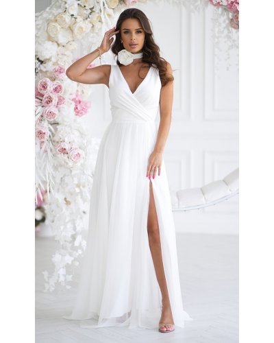 Rochie cununie civila alba, lunga, din tulle, cu floare decorativa, vaporoasa, Dyandra Rochii, Rochie cununie civila alba, lunga, din tulle, cu floare decorativa, vaporoasa, Dyandra - jojofashion.ro